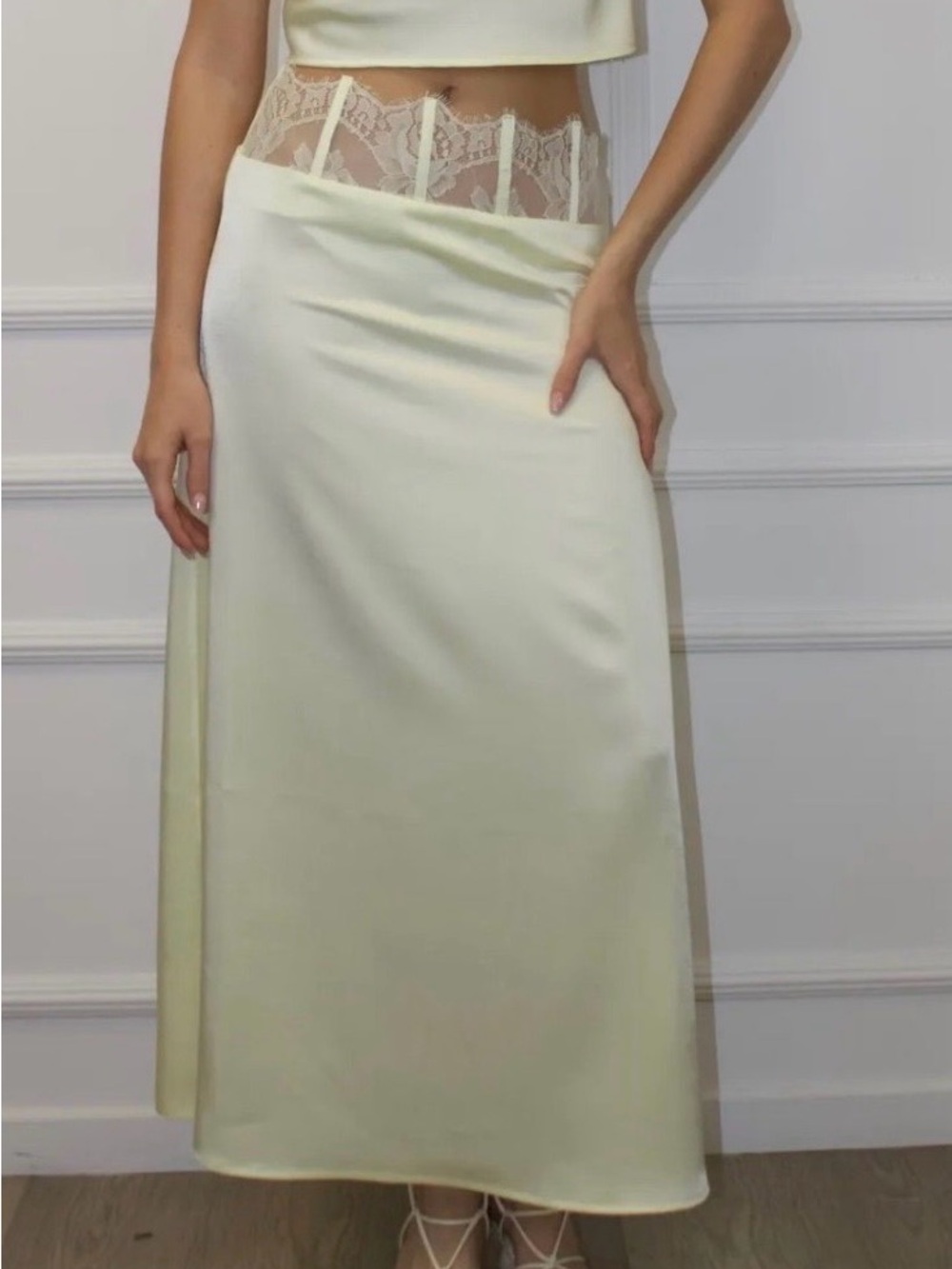 Cream Satin Maxi Skirt with Lace Waist